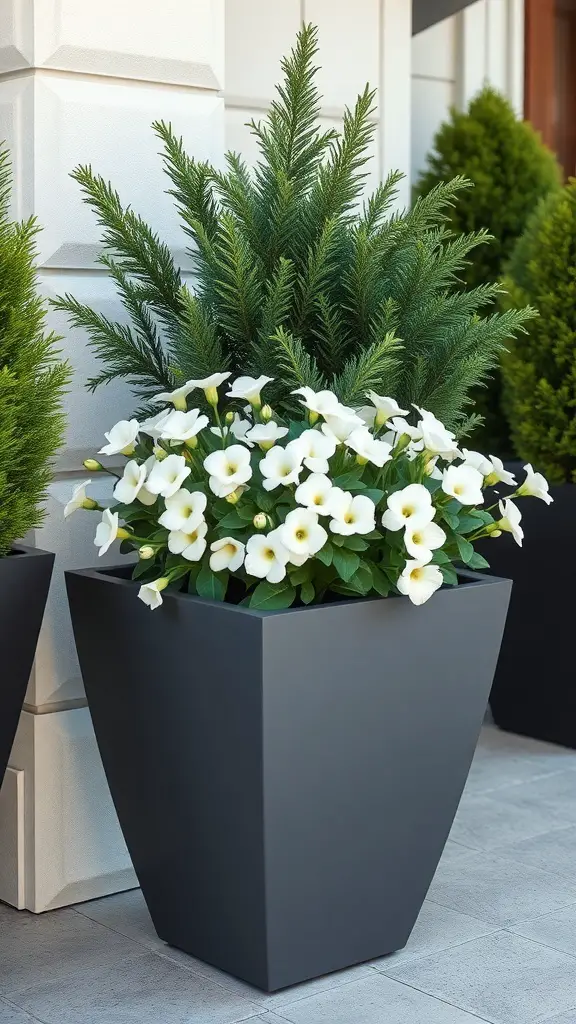 A modern minimalist outdoor planter featuring white flowers and green foliage.