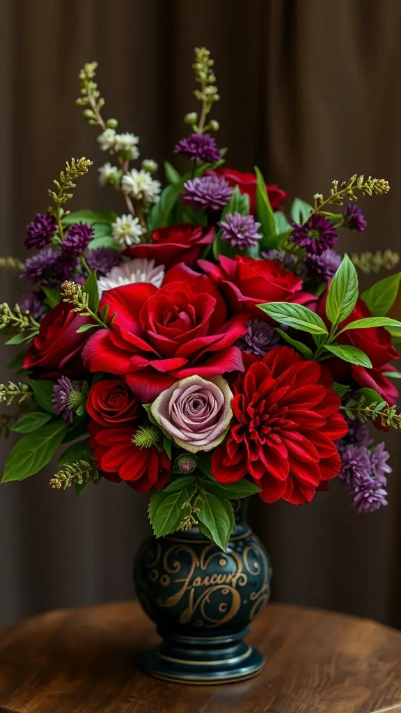 A rich jewel toned flower arrangement featuring red roses, purple flowers, and green leaves in a decorative vase.