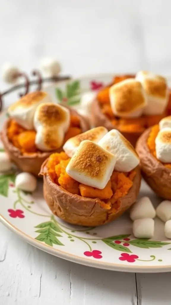 29+ Delicious Thanksgiving Appetizers to Impress Your Guests 2 Sweet potato bites topped with toasted marshmallows on a festive plate