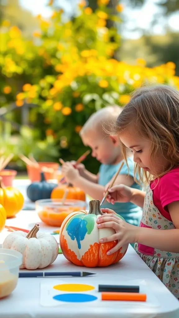 25+ Fun Thanksgiving Crafts for Kids to Make Together 2 Children painting pumpkins in a garden setting