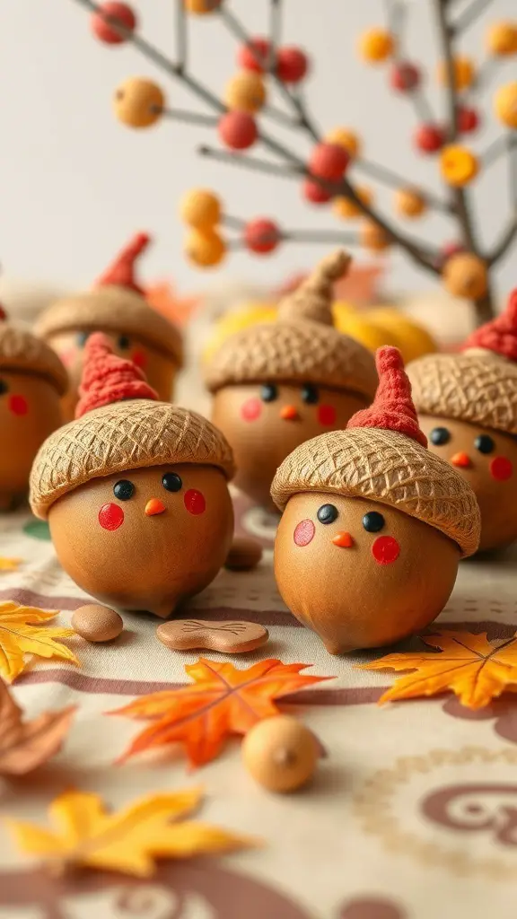 27+ Creative Thanksgiving Crafts for Preschoolers 2 Colorful acorn characters with painted faces and hats, surrounded by autumn leaves.