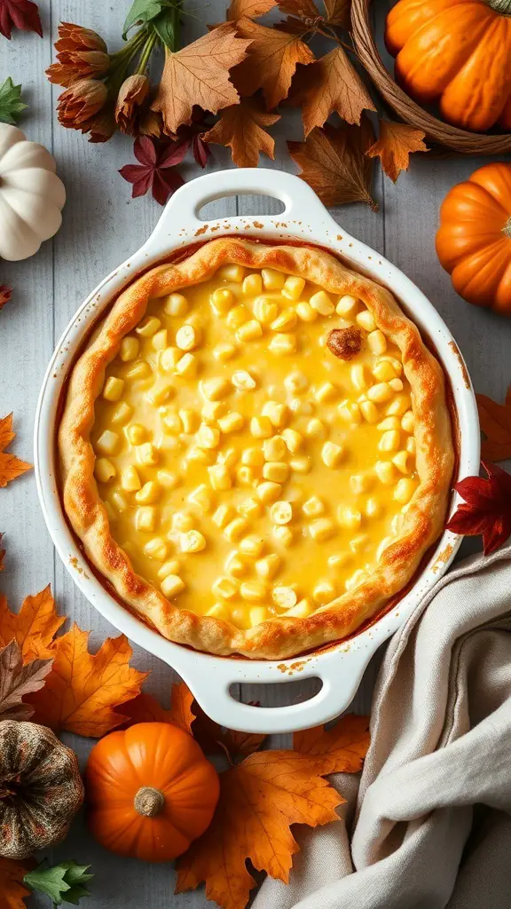 25+ Must-Try Thanksgiving Side Dishes You Need This Year 2 A golden buttery corn casserole surrounded by autumn leaves and pumpkins.