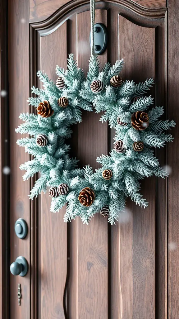 A frosted pinecone wreath hanging on a wooden door.