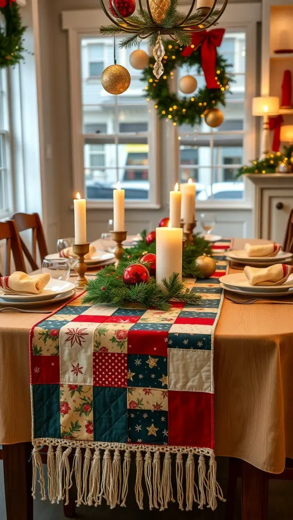 29+ Creative Sewing Projects for Handmade Christmas Gifts 2 A colorful patchwork table runner on a dining table decorated for Christmas.