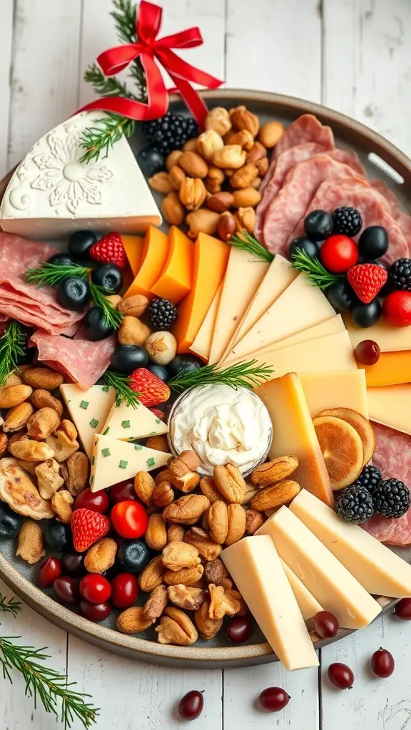 A festive charcuterie board featuring a variety of cheeses, meats, fruits, and nuts, decorated with a red ribbon and greenery.