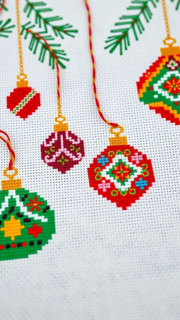 27+ Festive Christmas Cross Stitch Patterns to Brighten Your Holiday Season 2 Colorful cross-stitch patterns of Christmas ornaments hanging from green branches.
