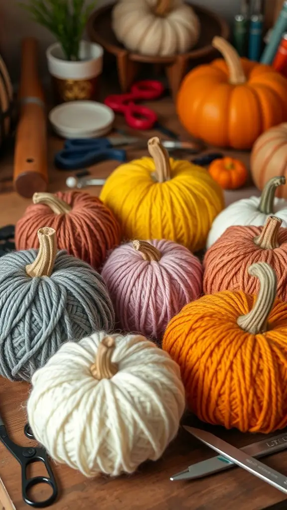 27+ Creative Thanksgiving Crafts for Preschoolers 15 Colorful yarn-wrapped pumpkins in various sizes and colors on a crafting table.