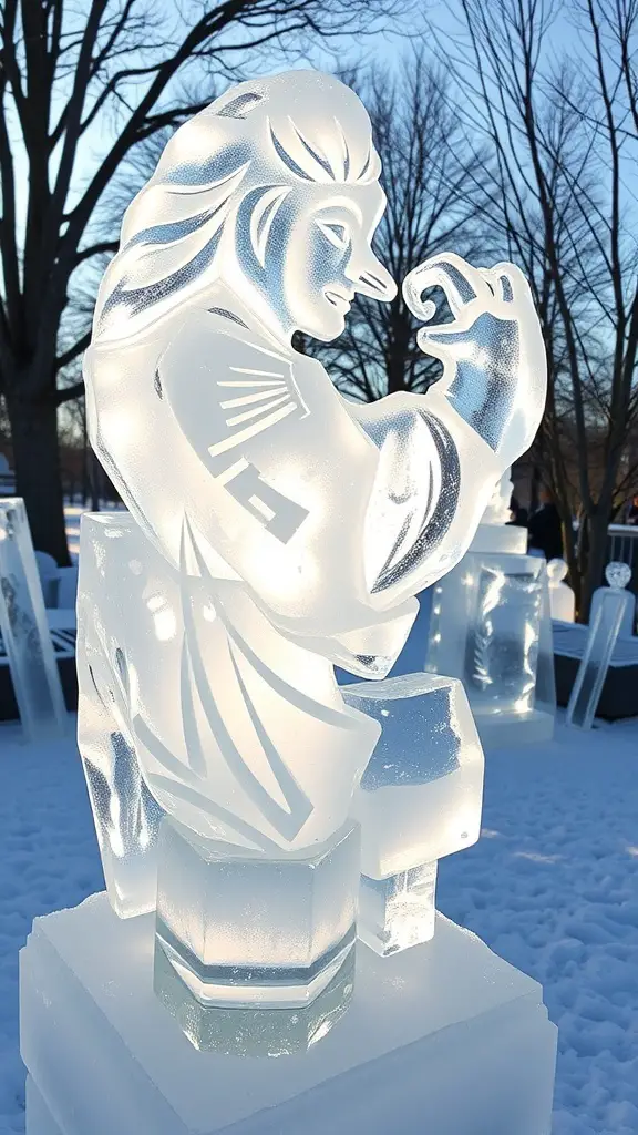 A detailed ice sculpture of a figure with flowing hair, showcasing artistic craftsmanship.