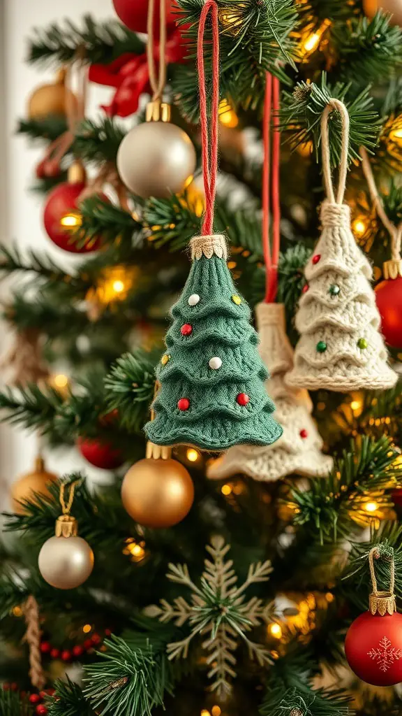 29+ Stunning Crochet Christmas Tree Ideas to Brighten Your Holiday Decor 2 Felted crochet tree ornaments hanging on a Christmas tree