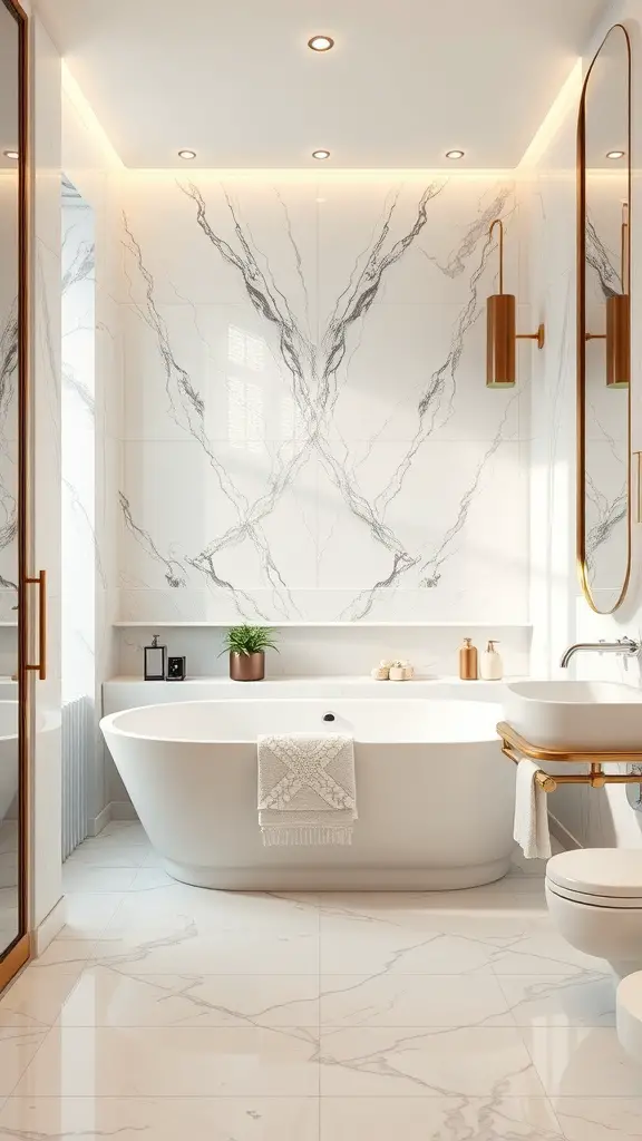 A luxurious bathroom with marble accents, featuring a freestanding bathtub, gold fixtures, and soft lighting.