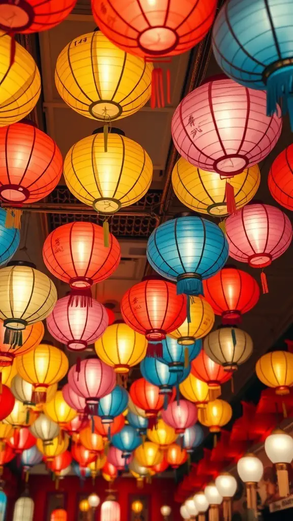 27+ Creative Ceiling Decoration Ideas for Every Room 3 Colorful paper lanterns hanging from the ceiling in various shapes and sizes.