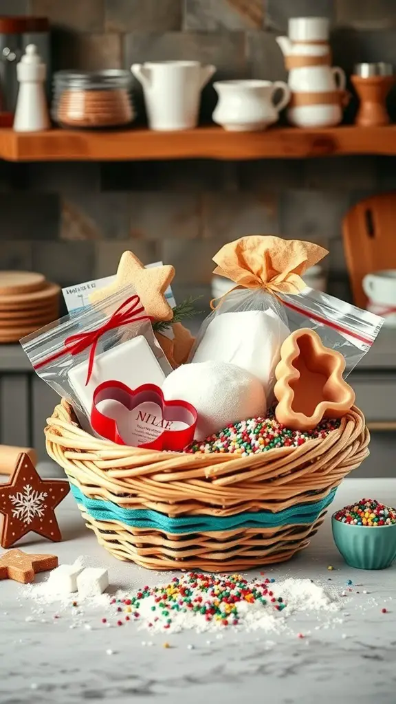 A beautifully arranged baking essentials kit in a wicker basket, featuring flour, sugar, colorful sprinkles, cookie cutters, and baking tools.