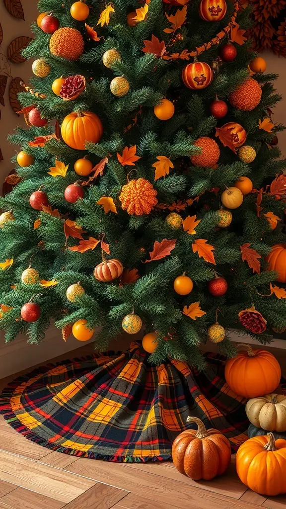 A beautifully decorated Thanksgiving tree with pumpkins and autumn leaves, featuring a plaid tree skirt.