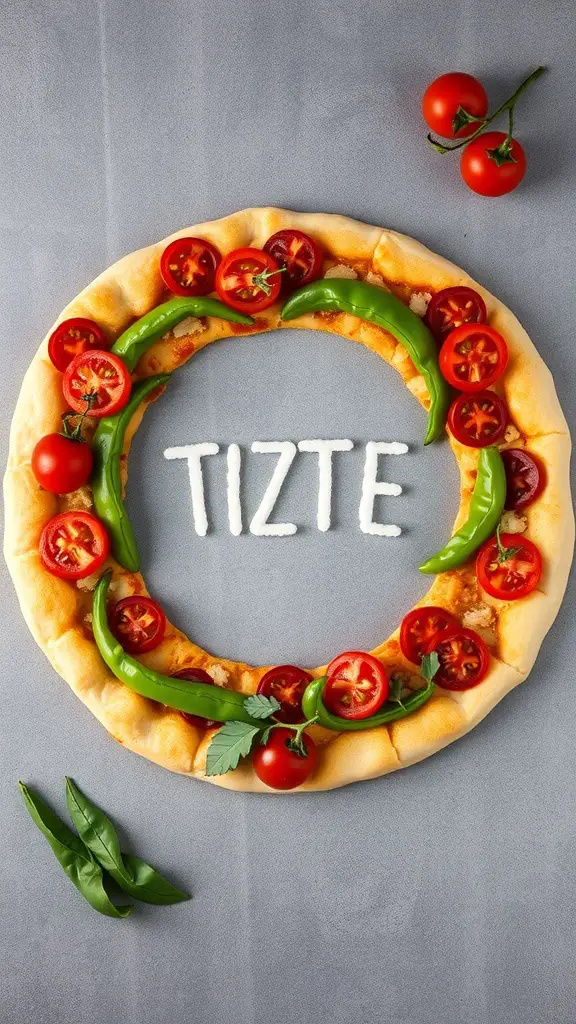 29+ Fun and Festive Christmas Snacks for Kids 11 A festive Christmas wreath pizza decorated with cherry tomatoes and green peppers.
