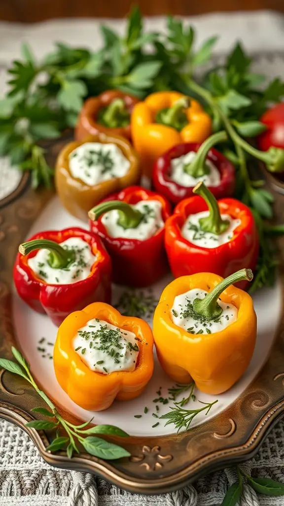29+ Delicious Thanksgiving Appetizers to Impress Your Guests 14 Colorful mini bell peppers stuffed with herbed goat cheese on a decorative plate.
