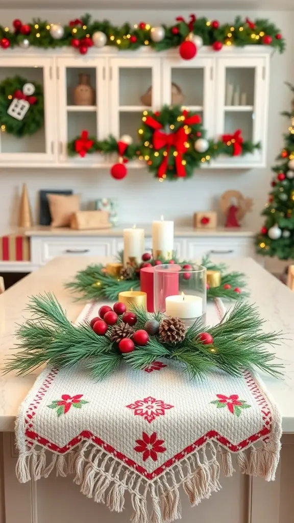 A festive table runner with red flowers and fringed edges, decorated with candles and greenery.