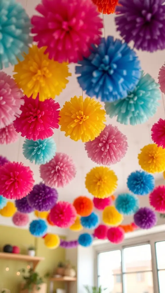 27+ Creative Ceiling Decoration Ideas for Every Room 5 Colorful pom-pom garlands hanging from the ceiling in various shades.