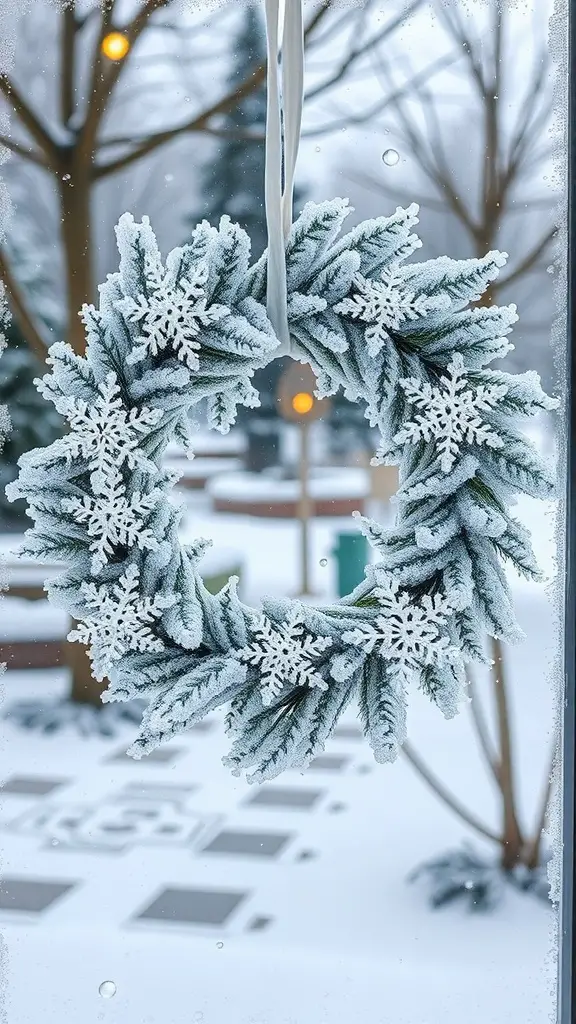 A frosted winter wreath with snowflakes hanging in a snowy setting