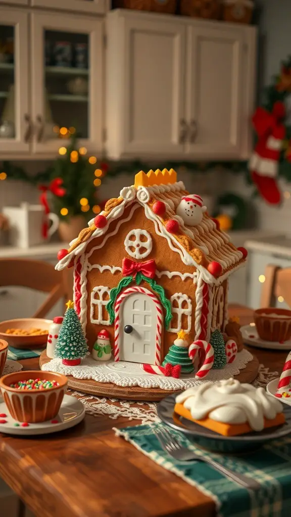 A beautifully decorated gingerbread house centerpiece on a kitchen table, surrounded by festive treats.