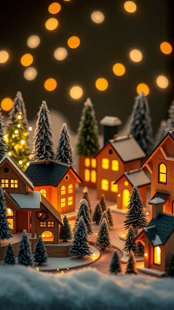 A beautifully crafted wooden Christmas village with glowing houses and snowy trees.