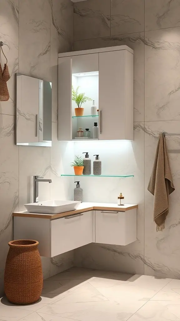 25+ Stylish Bathroom Corner Cabinets for Every Space 9 A modern bathroom corner cabinet with integrated lighting, showcasing plants and decorative items.