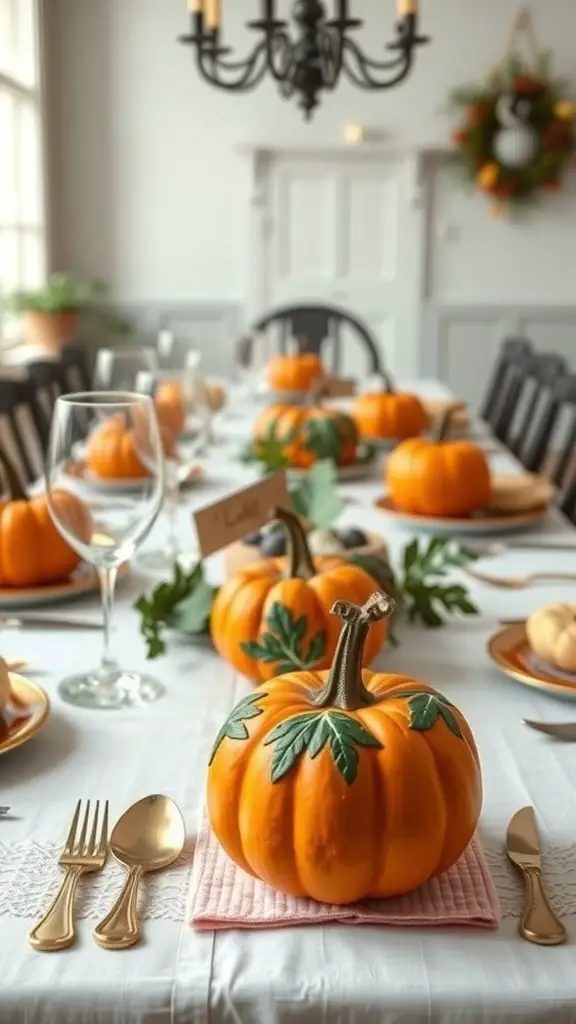 A beautifully set Thanksgiving table with hand-painted pumpkin place cards.