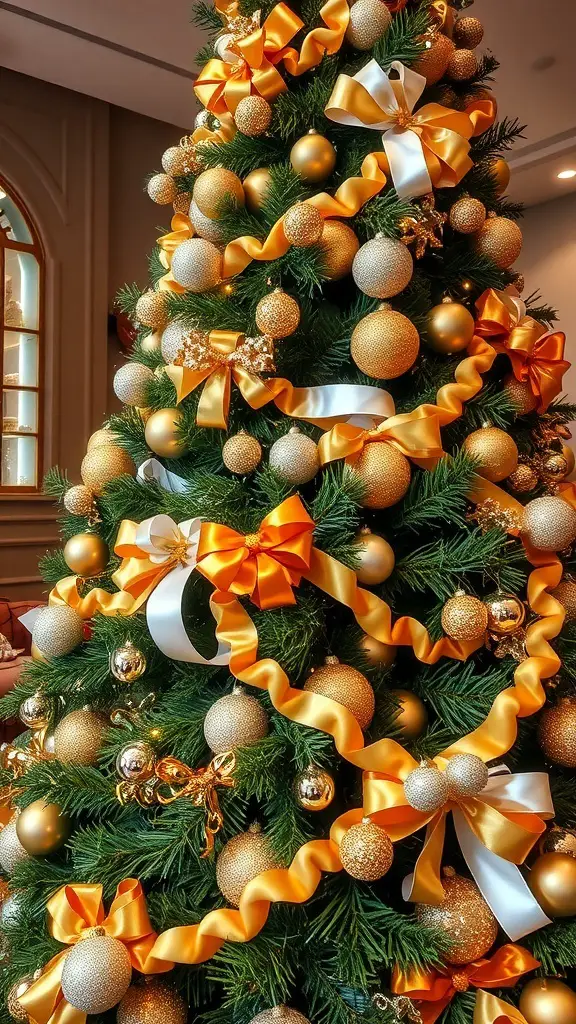 29+ Creative Christmas Tree Ribbon Decorating Ideas You’ll Love 9 A beautifully decorated Christmas tree with bold metallic gold and white ribbons, adorned with shiny ornaments.