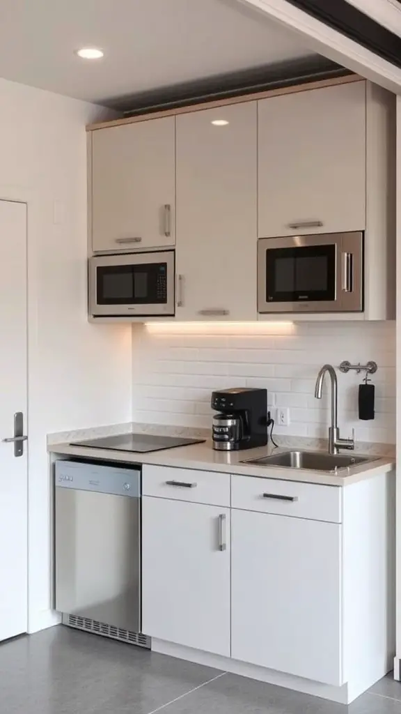 27+ Inspiring Small Garage Apartment Ideas for Cozy Living 2 Compact kitchen design in a small garage apartment featuring modern appliances and sleek cabinetry.