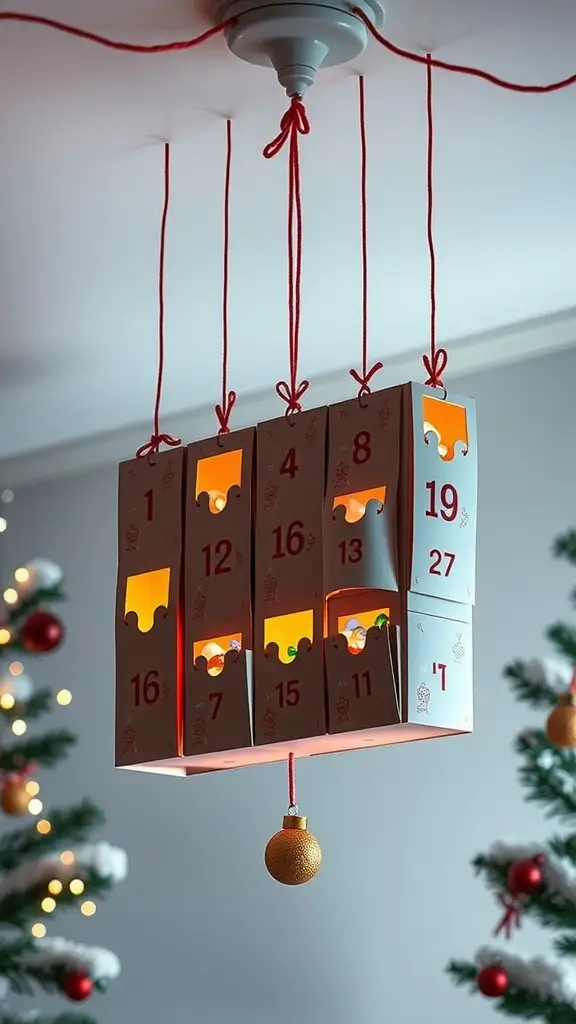 29+ Creative Christmas Ceiling Decoration Ideas to Festively Transform Your Home 11 A colorful advent calendar hanging from the ceiling with illuminated doors, surrounded by Christmas trees.