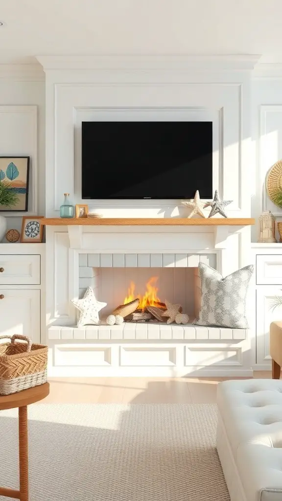 29+ Stunning TV Fireplace Wall Ideas You’ll Love 2 A cozy coastal-themed fireplace wall with a TV, white cabinetry, and beach decor.
