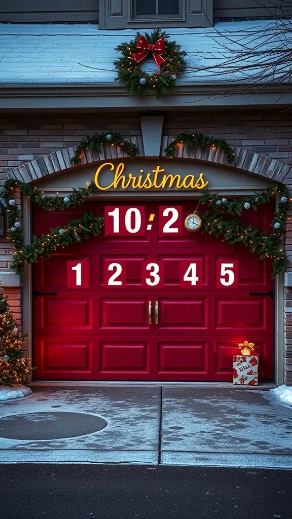29+ Creative Garage Door Christmas Decorations You'll Love 4 A decorated garage door with a Christmas countdown and festive lights.