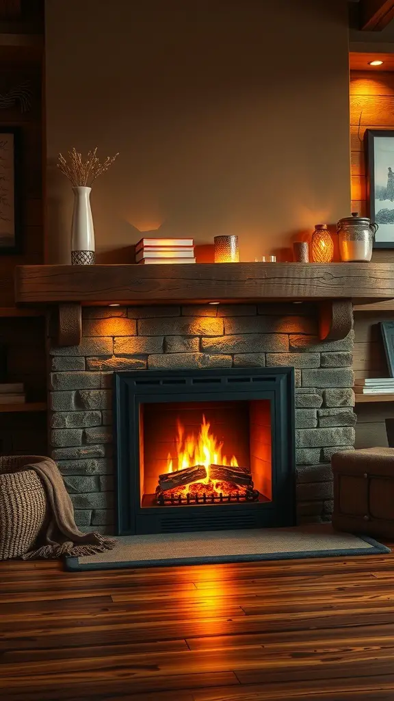 29+ Stylish Electric Fireplace Ideas to Transform Your Home 2 A cozy electric fireplace with a stone surround and wooden mantel, surrounded by decorative items.