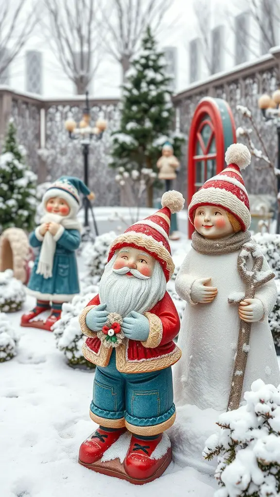 Colorful snowy themed garden statues including Santa and children in winter attire