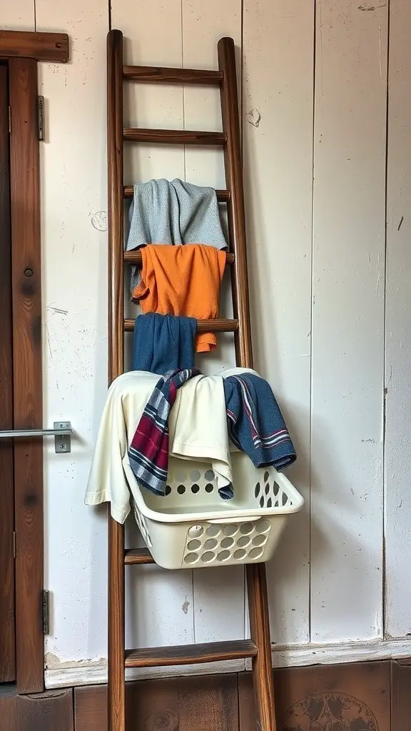 25+ Creative Wall Mounted Laundry Hamper Ideas for Space-Saving Solutions 11 A vintage wooden ladder displaying colorful clothes and a laundry basket