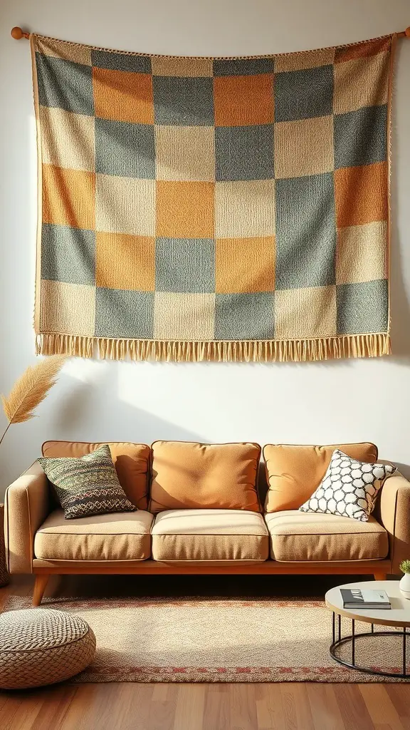 23+ Creative Above Sofa Wall Decor Ideas to Transform Your Space 2 A textured tapestry in earthy tones hanging above a cozy sofa.