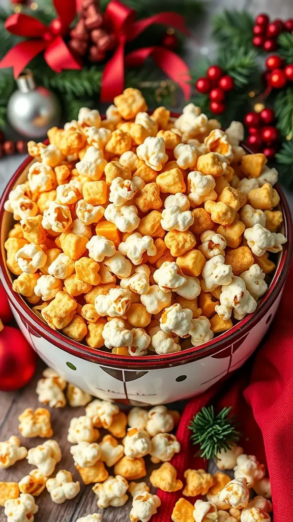 A festive bowl of colorful popcorn surrounded by holiday decorations.