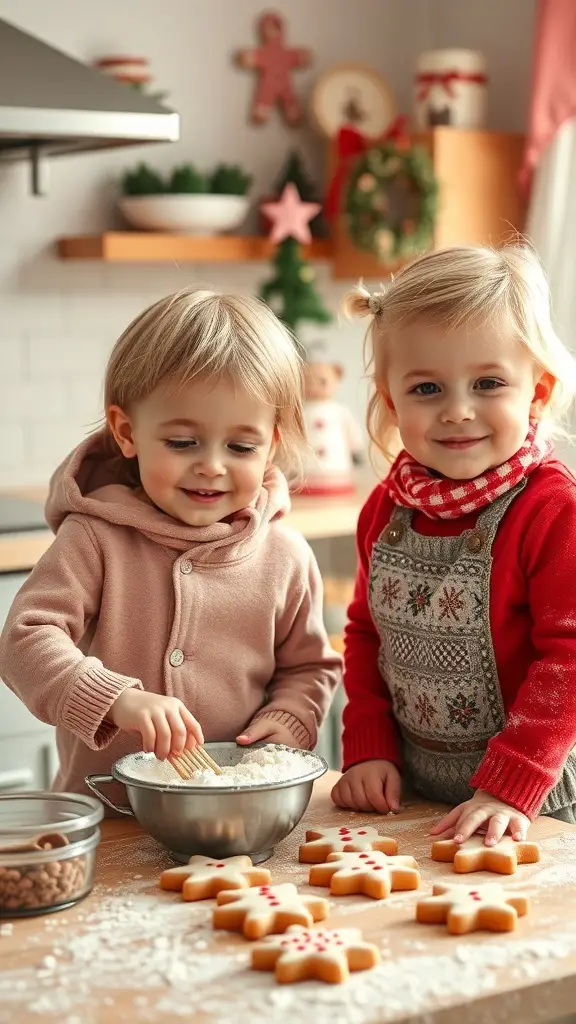 27+ Fun Christmas Activities for Toddlers 14 Two toddlers happily baking cookies in a cozy kitchen during the holiday season.