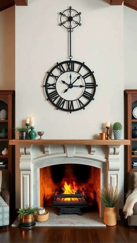 A modern fireplace with a large clock above it, surrounded by plants and decorative items.