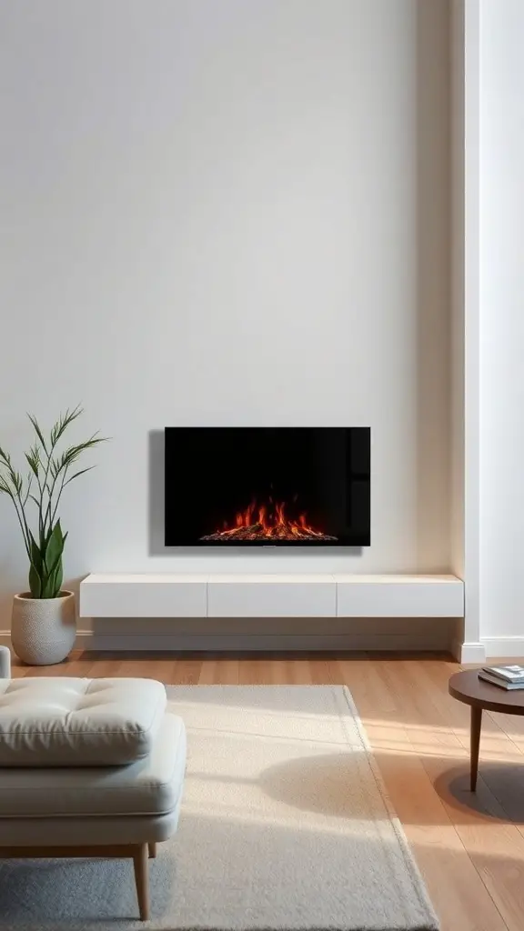 29+ Stylish Electric Fireplace Ideas to Transform Your Home 6 A modern minimalist living room featuring a sleek electric fireplace on a white wall, light wood flooring, and a simple chair.