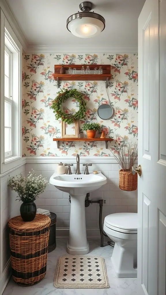 29+ Stunning Half Bath Wallpaper Ideas to Transform Your Space 2 A half bath with floral wallpaper, a white sink, and natural decor elements.