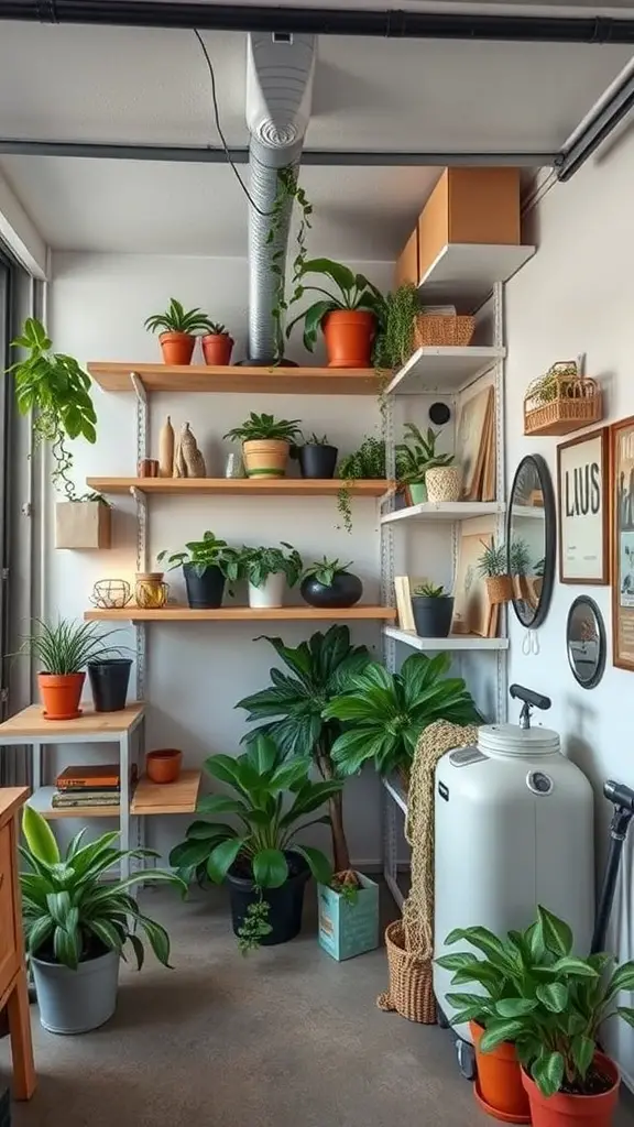 27+ Inspiring Small Garage Apartment Ideas for Cozy Living 4 A small garage apartment corner with vertical shelves filled with plants and decorative items.
