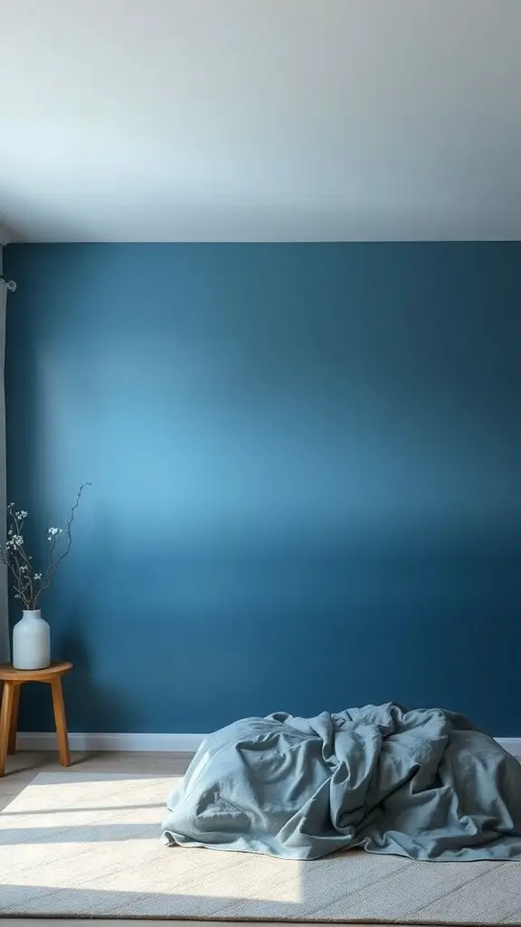 27+ Stunning Wall Paint Designs to Transform Your Space 2 A room with an ombre wall paint design transitioning from dark blue to light blue, featuring a cozy blanket on the floor.