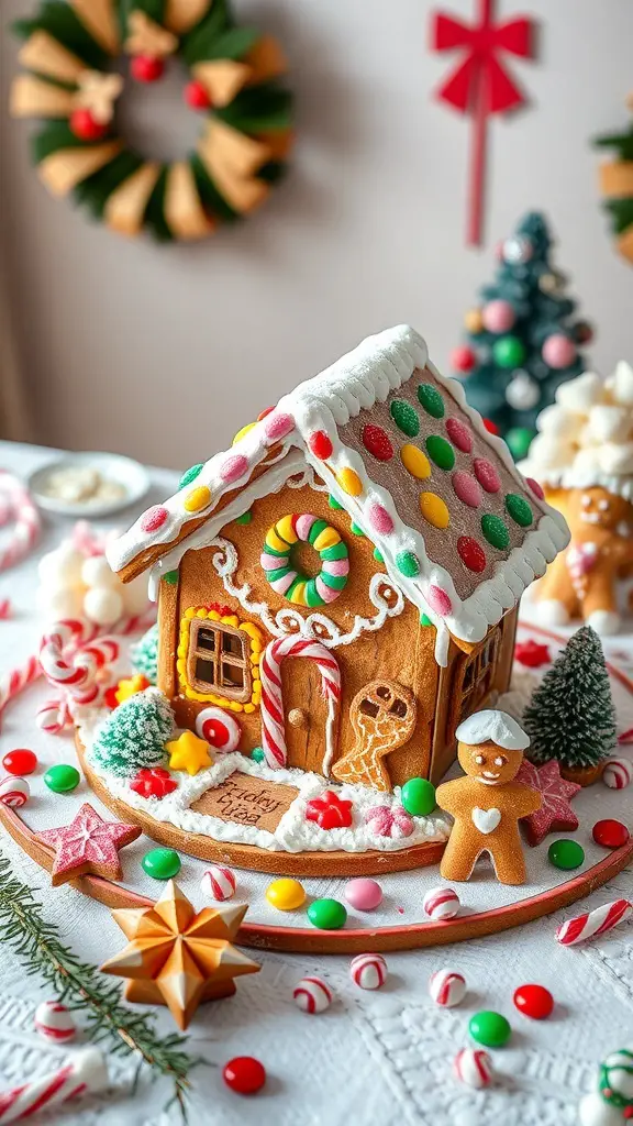 A charming gingerbread house decorated with colorful candies and icing, surrounded by festive decorations.