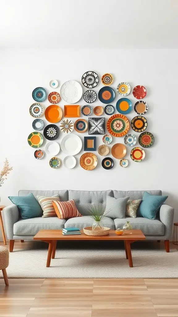 29+ Creative Ideas for a Stunning Plate Wall Display 2 A colorful plate wall display above a cozy sofa, featuring various patterns and designs.