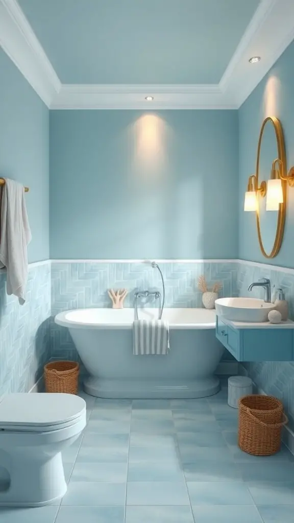 29+ Stunning Blue Bathroom Ideas You’ll Love 9 A serene blue bathroom with a freestanding bathtub, light blue walls, and natural decor elements.