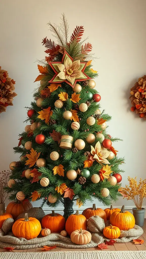 A Thanksgiving tree decorated with autumn leaves, ornaments, and pumpkins, showcasing sustainable decor ideas.