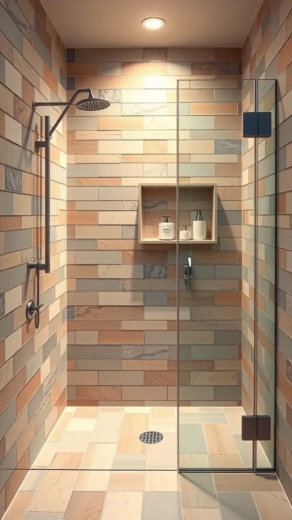 25+ Stunning Walk-In Shower Ideas with No Doors for a Sleek Bathroom Design 14 A doorless shower featuring a mix of beige, light gray, and peach tiles, with a modern showerhead and built-in shelf.