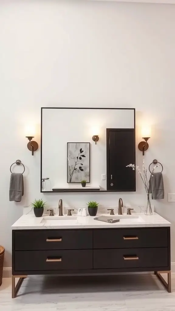 25+ Stunning Double Vanity Lighting Ideas for Your Bathroom 3 Modern bathroom with elegant sconces, dark cabinetry, and marble countertop