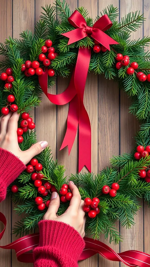 A person arranging a Christmas wreath with red berries and a red ribbon.