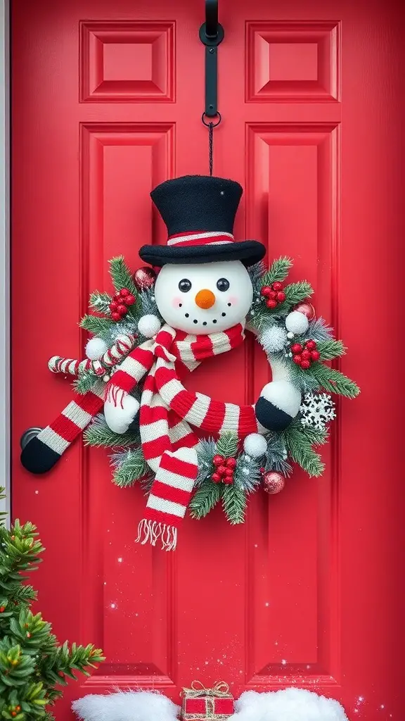 A whimsical snowman wreath featuring a snowman with a black top hat and red scarf, surrounded by pine branches and red berries, hanging on a red door.